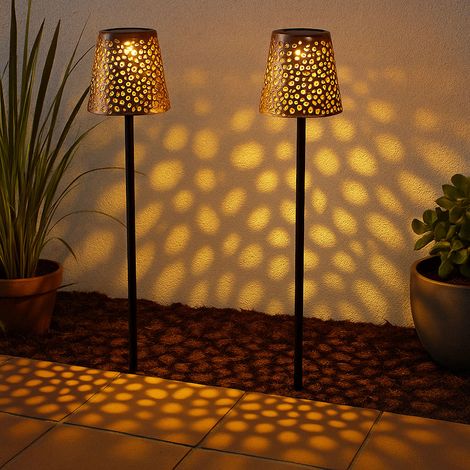 Steckleuchte LED Solar Garten Solarlampe für Außen Solar Stecklampe Metall, mit Erdspieß IP44, Lichteffekt, schwarz gold, LED 3000K, DxH 12x70cm, 2er Set