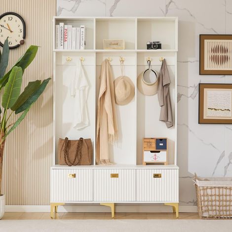 Ensemble armoire avec banc, banc de rangement multifonctionnel, rangement ouvert, 6 crochets et pieds dorés, convient pour une entrée ou un salon, blanc, L 120/P 40/H 191,5 cm