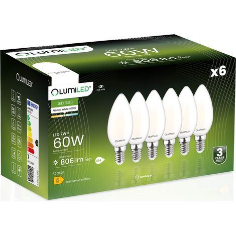 6 ampoules LED E14, culot B35, 7 W (équivalent 60 W), 806 lm, 4000 K, neutre, filament LUMILED