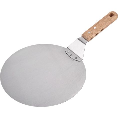 Pelle à pizza ronde en métal, cuir et acier inoxydable, grande pelle à pizza avec manche en bois pour la cuisson de pizzas maison et le service du pain ou du fromage. (1/3)