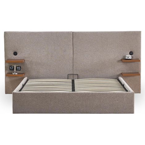 Lit-coffre complet avec tablettes et ports USB intégrés Lukas 140x190cm Tissu Taupe clair
