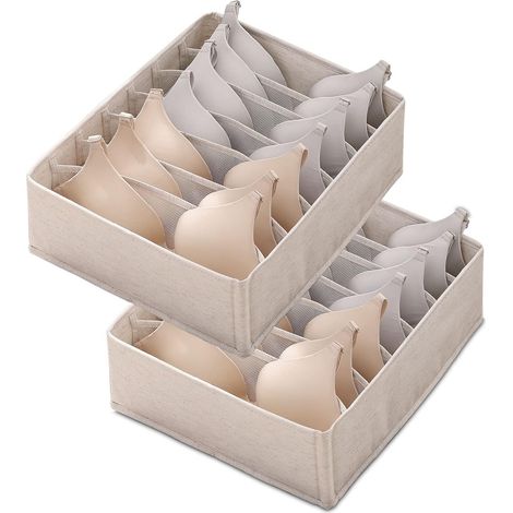 Organisateur de soutien-gorge - Organisateur de tiroir pliable pour sous-vêtements, chaussettes et soutiens-gorge avec 7 longs compartiments - Facile à assembler - Blanc cassé, 2 pièces