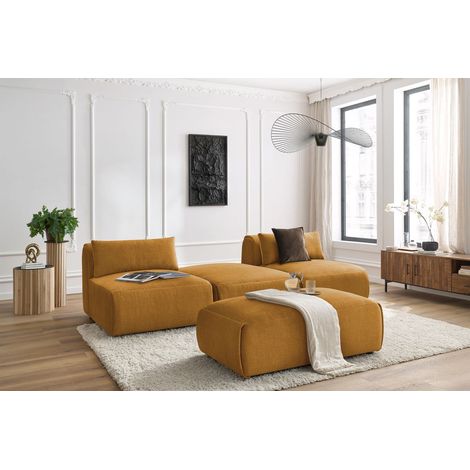 BOBOCHIC - Canapé droit fixe 3 places JEANNE avec pouf tissu velours   Jaune (1/5)