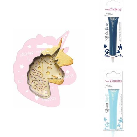 Kit pour biscuit en relief Licorne + 2 Stylos au chocolat bleu nuit et bleu pastel