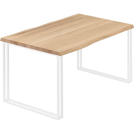 LAMO Manufaktur Esstisch Küchentisch, mit Baumkante 140x60x76 cm (AxBxH), Frame, Natur / Weiss, LNB-01-A-002-9016Fr