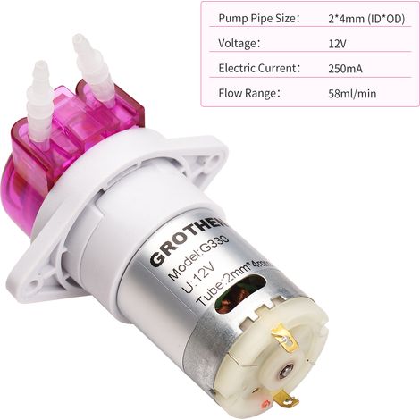 GROTHEN Pompe péristaltique miniature dosage liquide auto-amorçante tube silicone aquarium laboratoire analyse chimique 12V 2x4mm (1/4)