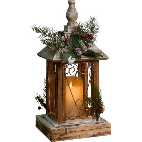 Decoración de Navidad LED de madera de abeto hecho a mano linterna vela marrón oscuro Saima
