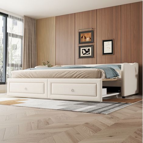 Letto daybed moderno 90x200 cm in lino beige con letto estraibile 180x200, 2 cassetti, rete a doghe (1/5)