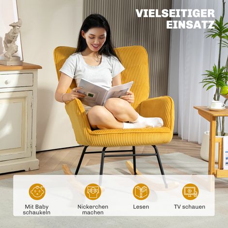 Fauteuil à bascule en velours berbère, avec accoudoirs et patins en bois, chaise relaxante pour salon et chambre, jaune (1/5)
