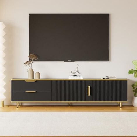 Meuble TV - SOGEU - Structure sculptée - Poignées et pieds dorés - Noir et or - 175x40x45 cm (1/3)
