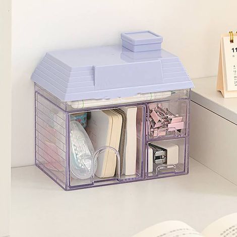 Multifunktionale, transparente Aufbewahrungsbox für den Schreibtisch zur Aufbewahrung von Kosmetikartikeln, Schreibwaren, Accessoires und Zubehör – Lila Kunststoff (1/5)