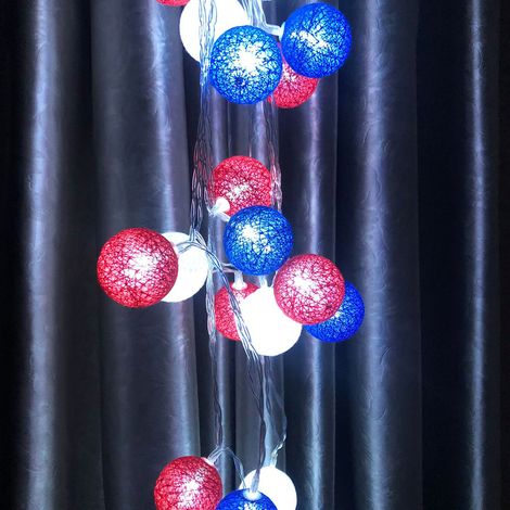 Lot de 20 guirlandes lumineuses LED 4 juillet USA, boules rouges, blanches et bleues pour jardin extérieur, blanc pur, 3 mètres, piles incluses (1/4)
