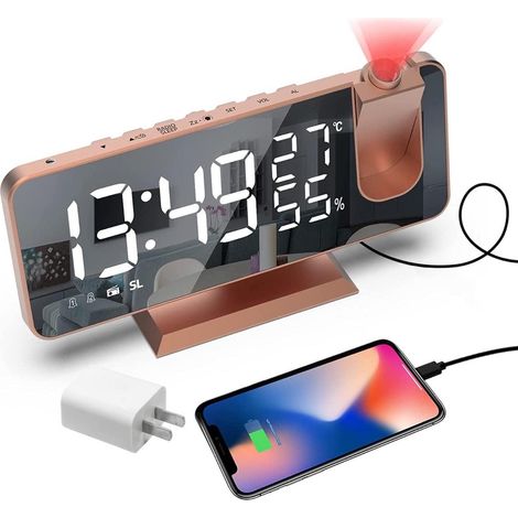 TuseRxln Horloge de Projection de Plafond - Réveil Numérique - Projecteur Rotatif à 180° Chargeur USB Double Alarme - 1 - Pièce Blanc (1/5)