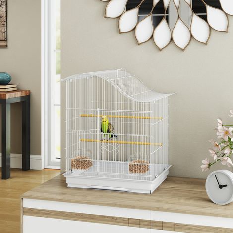 Cage à oiseau volière avec 4 portes, 2 perchoirs, plateau coulissant, pour inséparables perruches 4,7,5x36x54,5cm, blanc