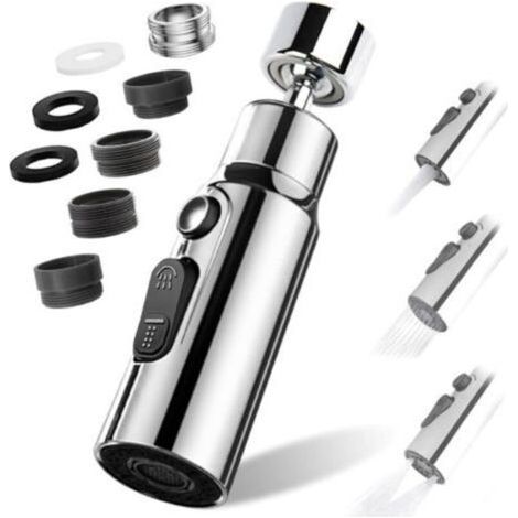 TAISHENGDA Aérateur de Robinet, 360° Pivotant Embout Robinet Cuisine avec 3 Modes Douchette Mousseur Robinet Economie Eau, Adaptateur Economiseur D'eau Pour Robinet Salle De Bain lavabo (Argent) (1/5)