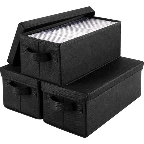 Boîte de rangement pour CD 3 pièces, boîte de rangement pliable en tissu non tissé, boîte de rangement pour documents ménagers et CD, boîte de rangement de grande capacité, noir (1/5)