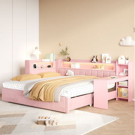 Divano letto 90x200 cm estendibile fino a 180x200 cm con LED, USB, scrivania integrata, ripiani, lenzuola rosa (1/5)