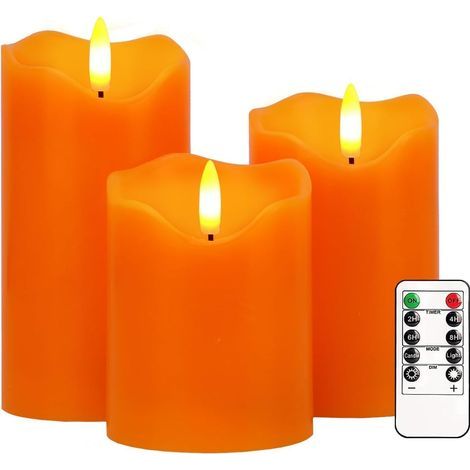 Bougies Sans Flamme, 3 Bougies LED Scintillantes avec TéLéCommande et Minuterie, à Intensité Variable et AlimentéEs par Piles, Bougies Pilier pour DéCorations D'Halloween et D'Automne (Orange) [Classe (1/5)