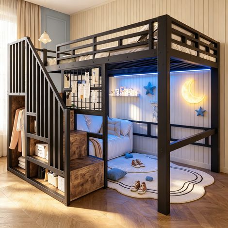 Lit mezzanine enfant 140x200cm avec éclairage LED et escalier rangemens,barre de penderie,métal lit superposé avec barrière,cadre de lit double,Noir