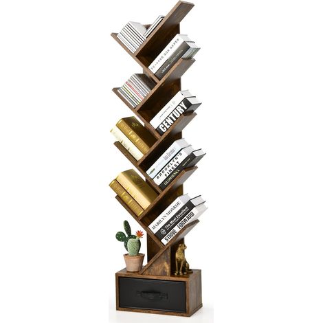 Bibliothèque avec tiroir à 8 étages, en Forme d'arbre, étagère pour CD et DVD, pour Chambre à Coucher, Salon et Bureau à Domicile, 38 x 21,5 x 149,5 cm, Marron Rustique (1/5)