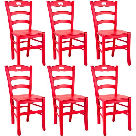 SUZY - Lot de 6 Chaises Laquées Rouge et Assises en Bois (1/2)