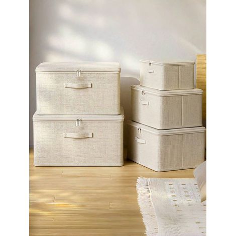 Boîte de Rangement Beige Grande Capacité, Sac de Rangement pour Vêtements, Flexible et Pliable avec Poignée Intégrée, pour Voyage, Déménagement et Rangement Saisonnier (40x30x21 cm) (1/4)