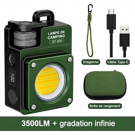 Lampe de camping portable LED COB rechargeable 3000 mAh XY-009 Vert jungle réf 6953 9,3 × 6,3 × 12 cm 270 g – Livraison gratuite
