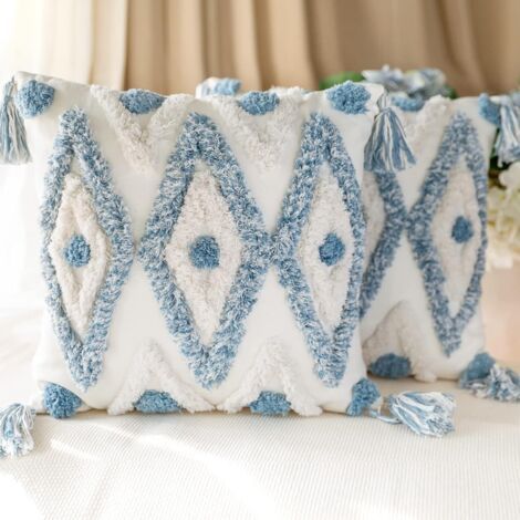 Lot de 2 housses de coussin bohème en coton tissé, taies d'oreiller carrées décoratives touffetées avec pompons pour canapé-lit, 45 x 45 cm, bleu (2 pièces)