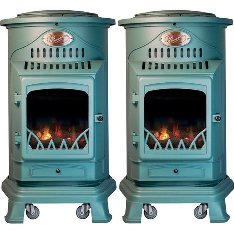 Pack de 2 Poêles à gaz Provence Vert en fonte 3,4KW Effet feu de bois Chauffage d'appoint gaz sur roues Sahara (1/5)