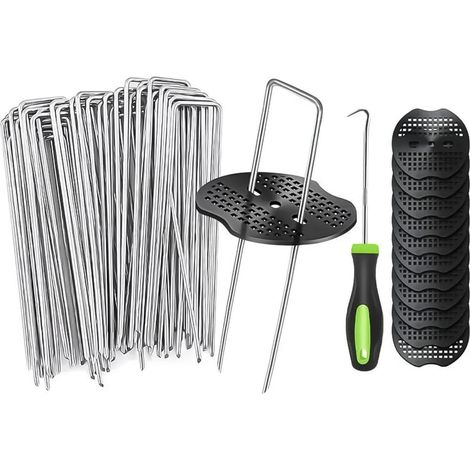 50 x Weed Control Membrane Pegs + 50 x Weed Mat Stakes with Washer Pad Fixing Pegs U-Shaped Galvanised Ground Cover Stakes (1/5)