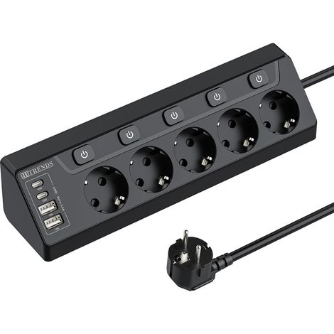 Multiprise d'angle avec USB, 5 prises avec interrupteur, multiprise avec 2 USB et 2 Type-C, protection contre les surtensions 9 en 1 avec câble de 2 m, pour smartphones, tablettes, maison, noir (1/5)