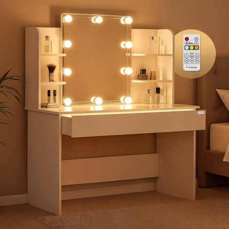 CASARIA® Schminktisch Lucia 140x110x40cm Spiegel Schublade LED Beleuchtung 3 Fächer Ablagen Schlafzimmer Frisiertisch Schminkkommode Make-up Holz Weiß 108x40x140cm weiß mit LED