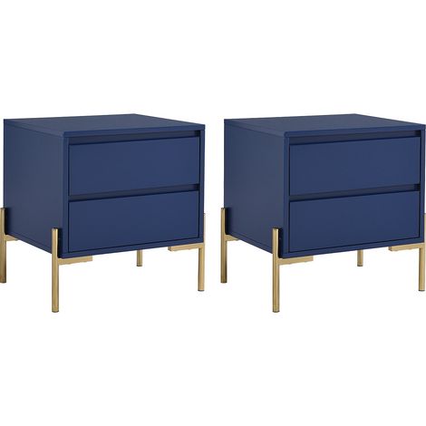 Comodino con 2 cassetti MDF e Metallo Blu laccato e Dorato - Lotto di 2 - KORASA di PASCAL MORABITO