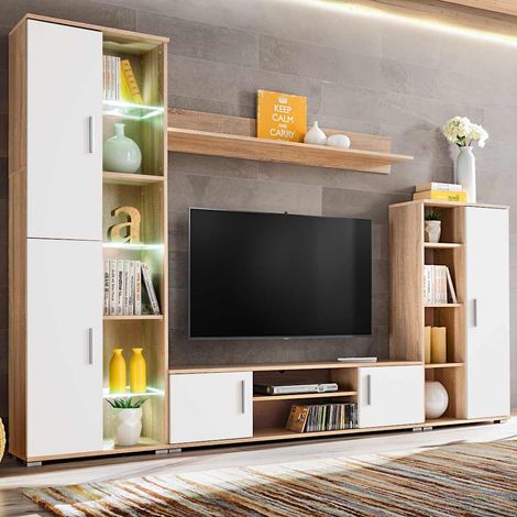 vidaXL Mueble salón pared para TV con luces LED roble Sonoma y blanco (1/5)