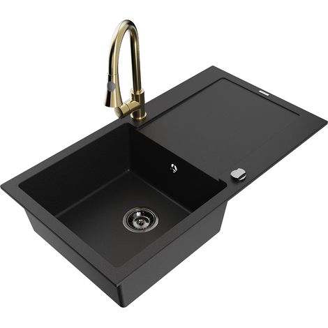 Mexen Leo lavello in granito 1 vasca con gocciolatoio e rubinetto da cucina Elia, nero - 6501-77-670101-50-B (1/5)