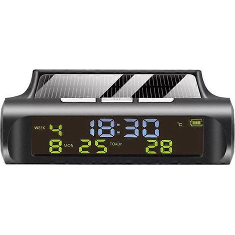 1 horloge numérique solaire, affichage heure/date/jour/température, pour voiture et intérieur, alimentée par panneau solaire (1/4)