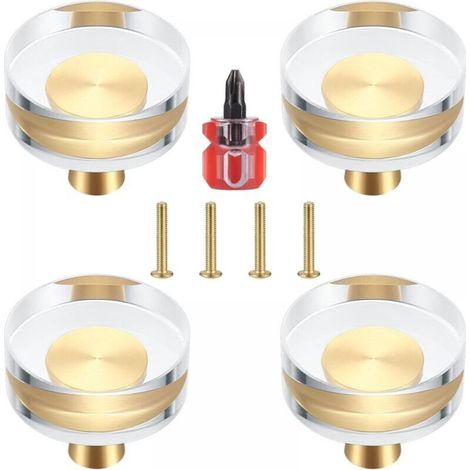 Set of 4 Clear Crystal and Brass Door Knobs for Cabinets, Drawers, Cupboards and Furniture - 30x27 mm (1/5)