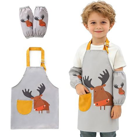 Set composto da grembiule e maniche regolabili e impermeabili per bambini. Grembiule da cucina con tasche per bambini e bambine, ideale per cucinare, preparare dolci, dipingere e fare giardinaggio. (1/5)