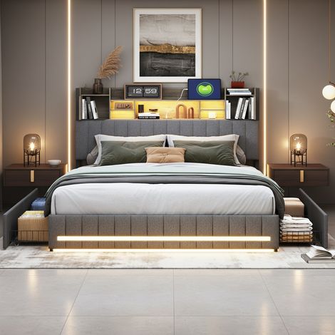 Letto con 4 cassetti 140x200 - testiera libreria - luci LED RGB e stazione di ricarica USB/USB-C - lino(140x200cm, Grigio) (1/5)