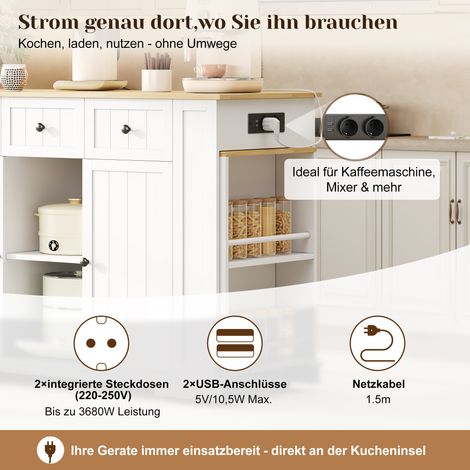 Îlot roulant de cuisine, plan de travail avec table repas extensible, table de bar rabattable, 7 roulettes, étagères de stockage, étagères ajustables, 138 (213) x 55 x 93 cm (1/5)