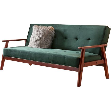 Canapé convertible scandinave en velours vert sapin avec accoudoirs et pieds en bois - PANGIVO (1/5)
