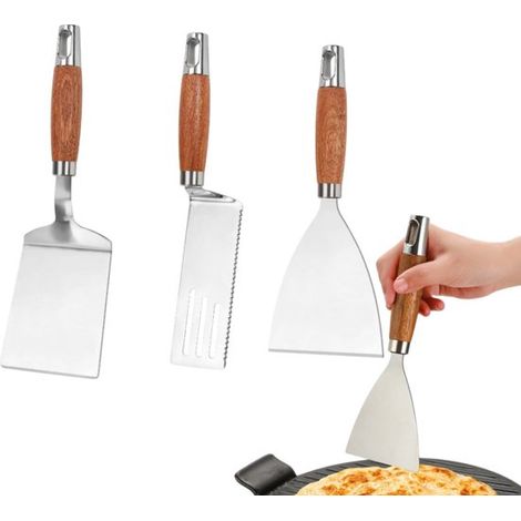 Set di 3 spatole da cucina in acciaio inox con manico in legno resistente al calore, spatola per grigliare e paletta per pappe, 9,8 x 25,5 cm, per uso domestico. (1/5)