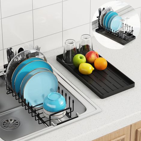 Petit Egouttoir Vaisselle, Egouttoir a Vaisselle Cuisine Extensible, Seche Vaisselle Sur Evier Avec Portecouverts, égouttoir Compact En Acier Inox, Support De Séchage Pour évier De Cuisine 14''19'' (1/5)