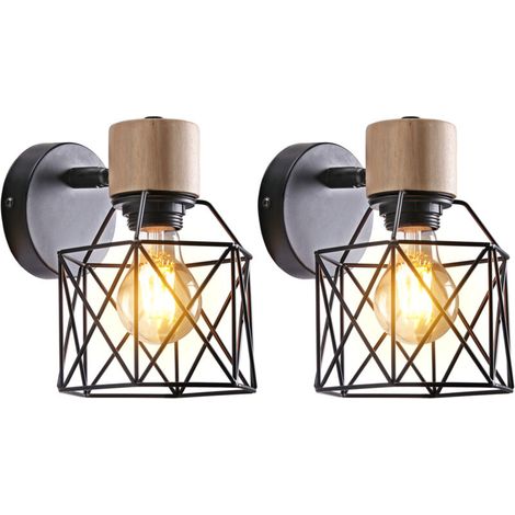 (2X) Applique Murale Rétro Moderne Lampe Murale Nordique Applique Murale En Bois Métal Applique Murale Vintage Ampoule E27 (Noir) (1/5)