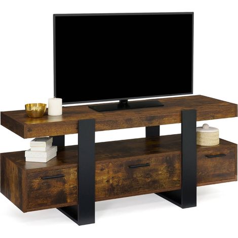 Idmarket – Meuble TV 116 cm avec tiroirs en bois mélaminé effet vieilli noir – Plateau large 116x40 cm – Compatible écrans jusqu'à 40 pouces (1/5)