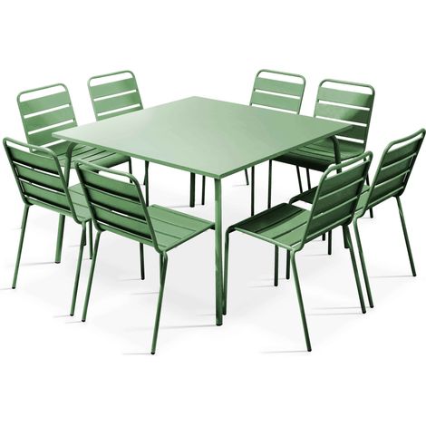Oviala – Ensemble table et 8 chaises en métal vert cactus – Acier thermolaqué anti-rouille – Dimensions table 120x120cm – Chaises empilables