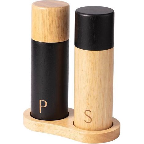 Molinillo de sal y pimienta de madera con bandeja, salero y pimentero manual de 18 cm (2 piezas), grano grueso y fino ajustable, rotor de cerámica, para chile, pimienta y sal (madera negra)