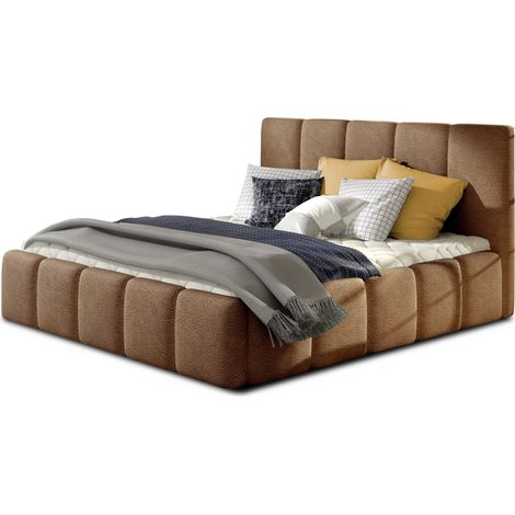 Lit adulte avec coffre de rangement Vika – Velours capitonné-Marron clair-140x200 (1/5)
