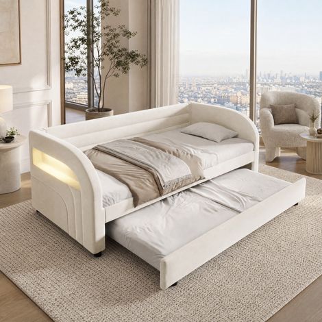 Letto 90 x 200 cm con letto estraibile e LED multicolore, Beige HAVRYA (1/5)