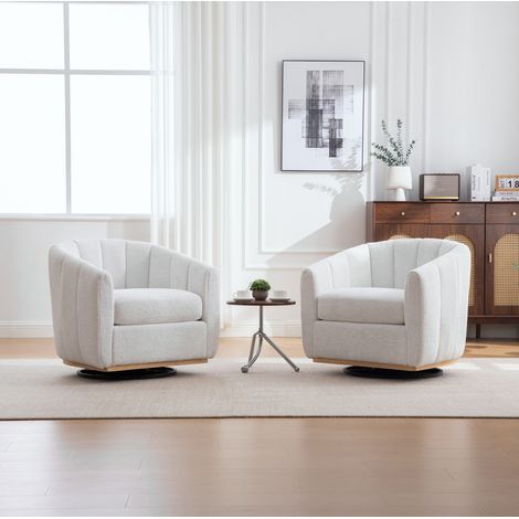 Sillón giratorio de chenilla color ivory con base metálica redonda y asiento acolchado (1/5)